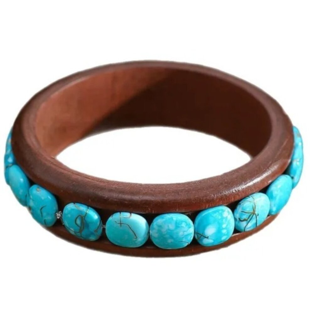 Western Style Blue Turquoise Wood Bangle Bracelet Southwest Accessory